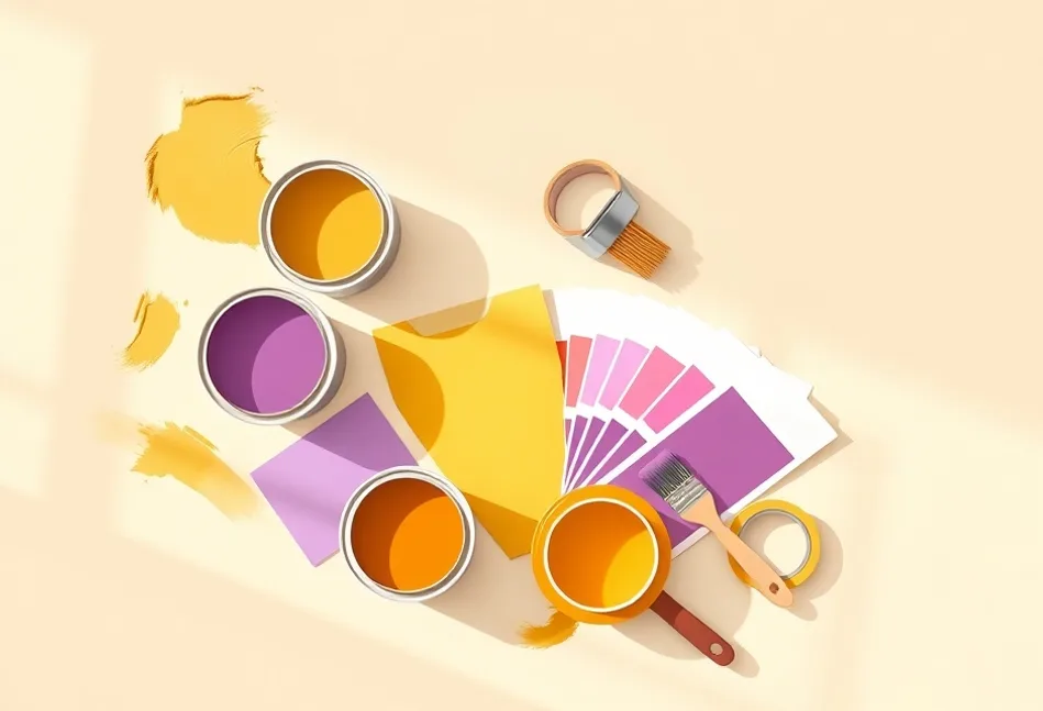 Pots de peinture, nuancier, brosses et rouleaux disposés à plat