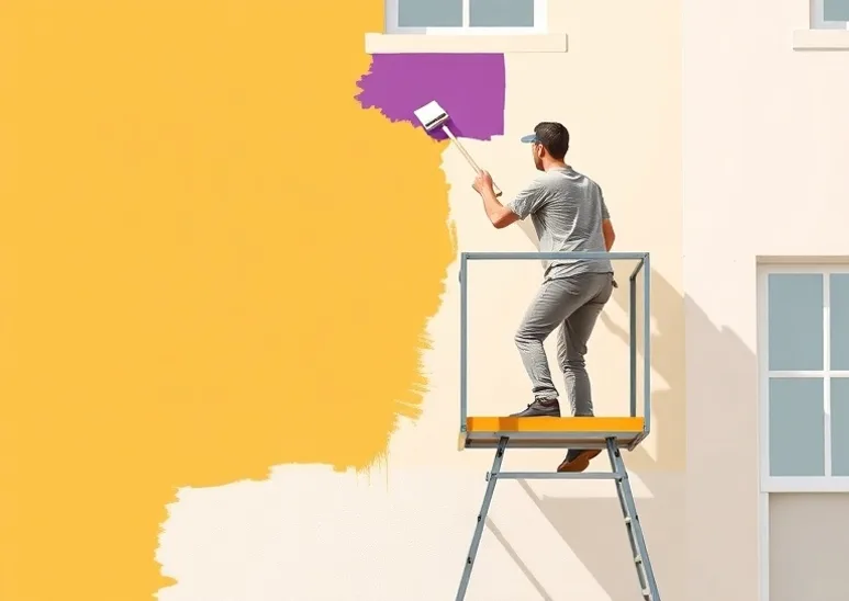 Peintre sur échafaudage traitant la façade d'une maison