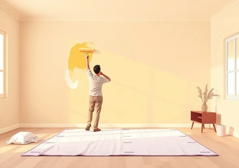 Peintre appliquant la peinture au rouleau sur un mur de salon